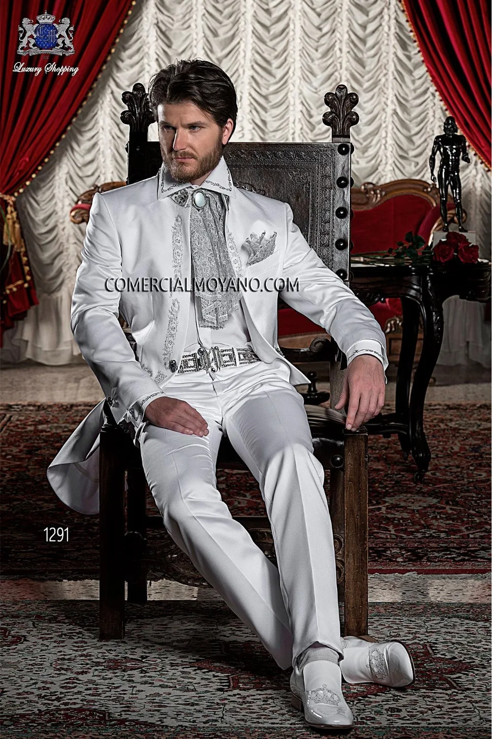 Custom Made Ivory White Satin Italian Men Suits For Wedding Embroidery