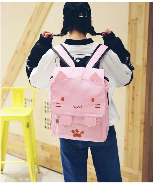 DemonChest Black College Cute Cat Embroidery Canvas School Backpack Bags  for Kids Kitty(Pink)