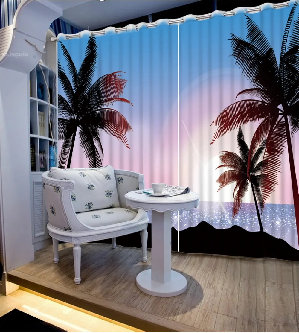

Custom curtains High Quality Customize size Modern 3d beach scenery modern living room curtains