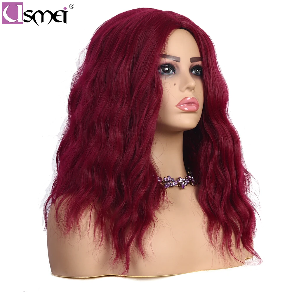USMEI Red wig Synthetic hair Wigs for Women Cosplay Wig High density Temperature Fiber medium length body wave wig Free Shipping