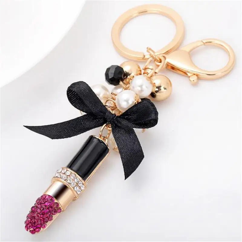 

Women Gifts Metal Charm Lipstick Pendant Key Chain Ribbon Pearls Lipstick Car key ring Keychain Jewelry Bags Accessories