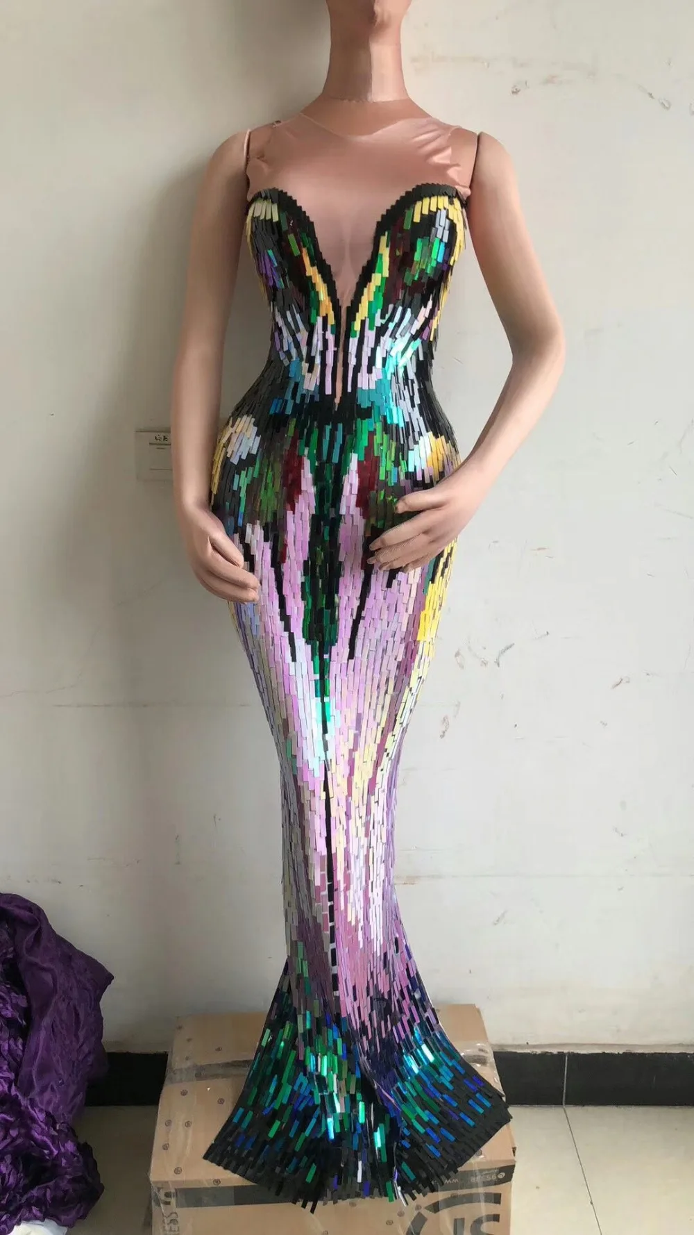 Женское танцевальное платье вечерний наряд разноцветные блестки хвост платье стрейч длинное платье сексуальная сцена Одежда День рождения платье DJ136