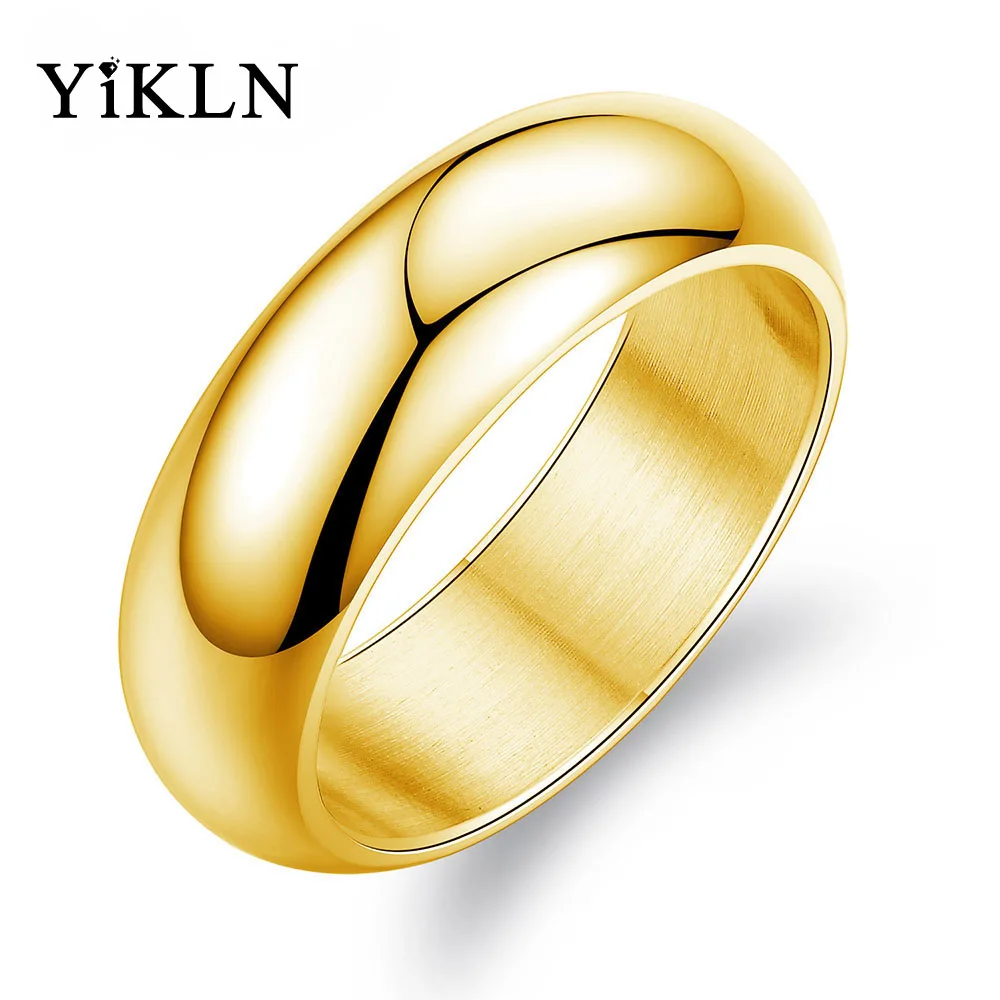 YiKLN 7 мм Широкие гладкие обручальные кольца 316L нержавеющая сталь простое обручальное кольцо ювелирные изделия для Женщины Мужчины подарок Anillo OGJ334 - Цвет основного камня: Gold