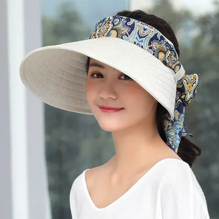 

Women's wide-brimmed sunscreen caps linen breathable foldable fashion ribbon bow summer beach sunhat B13