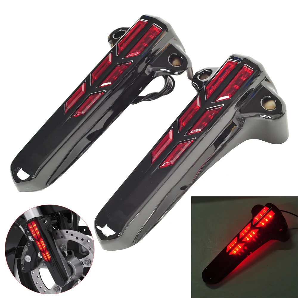 

Black Motorcycle LED Front Lower Fork Leg Covers Red Lens Case for Harley FLHR FLHX FLHT 2014 2015 2016 2017