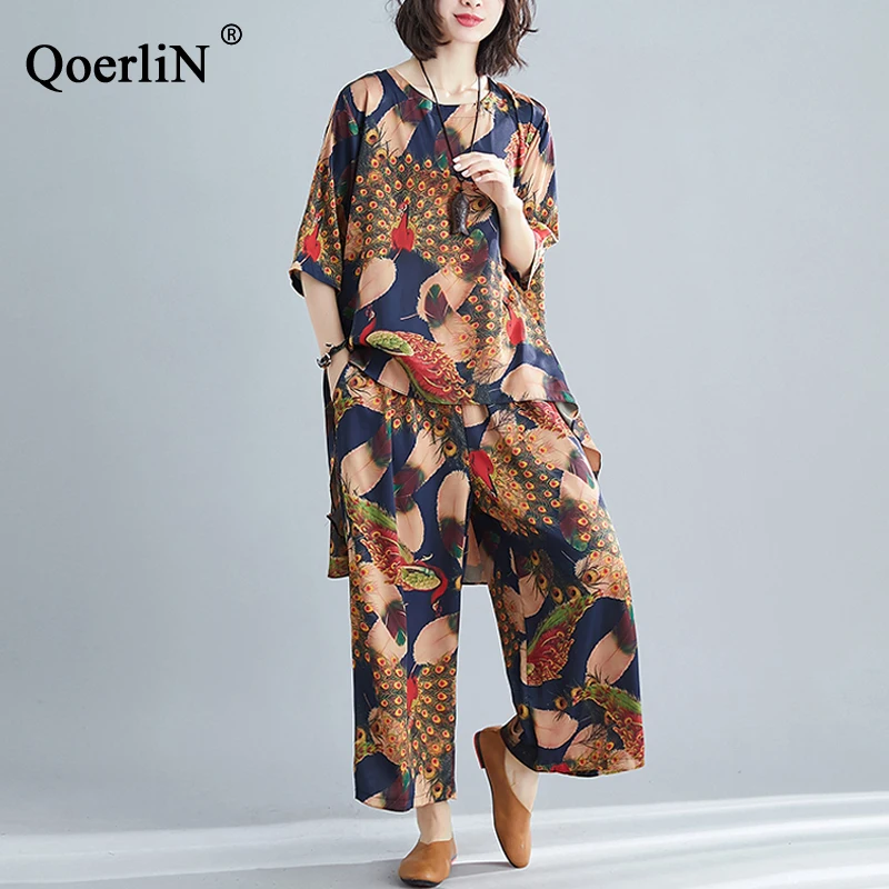 

QoerliN Two-piece Imitation Silk Pants Suit Spring Summer Irregular Shirt Large Size Women Loose Ankle-Length Trouser Set Female
