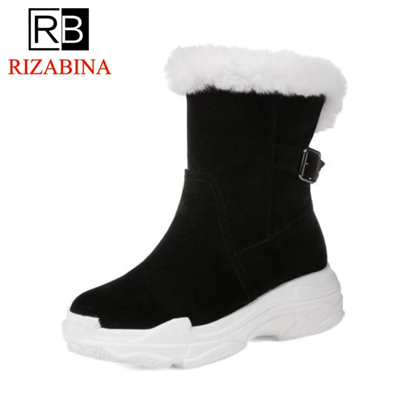 

RizaBina Plus Size 29-46 Women Ankle Snow Boots Buckle Platform Plush Fur Shoes Women Winter Flats Boots Lady Warm Footwear