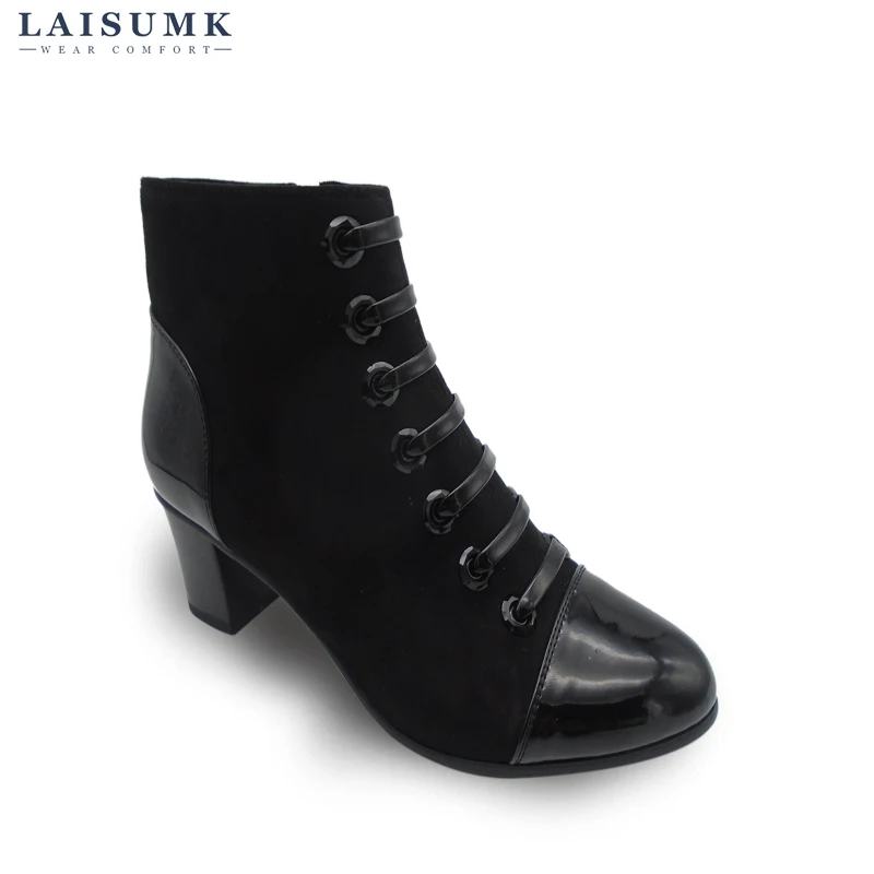 2017 LAISUMK Fashion Autumn Winter Plush Leather Boots Women Ankle Boots Casual Buckle Lace Up Zip High Heels Martin Boots