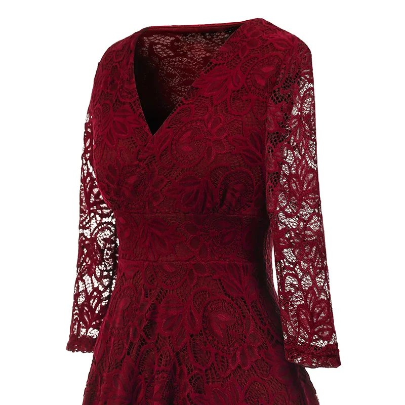 Kostlich 2017 Women Autumn Dress V-Neck 34 Sleeve Lace Hollow Sexy Evening Party Dresses Irregular Hepburn 1950s Vintage Dress (25)