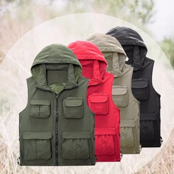 

Men Outdoor Breathable Fishing Mesh Quick-Dry Hooded Vest Waistcoat Photography Multi-Pocket Outerwear Sleeveless Hat Jacket