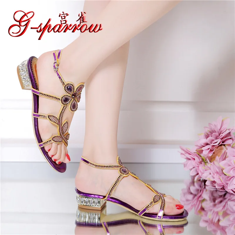 2018 New Elegant Casual Purple High Heel Large Size Summer Shoes Prom Diamond Flat Sandals For Wedding Dress