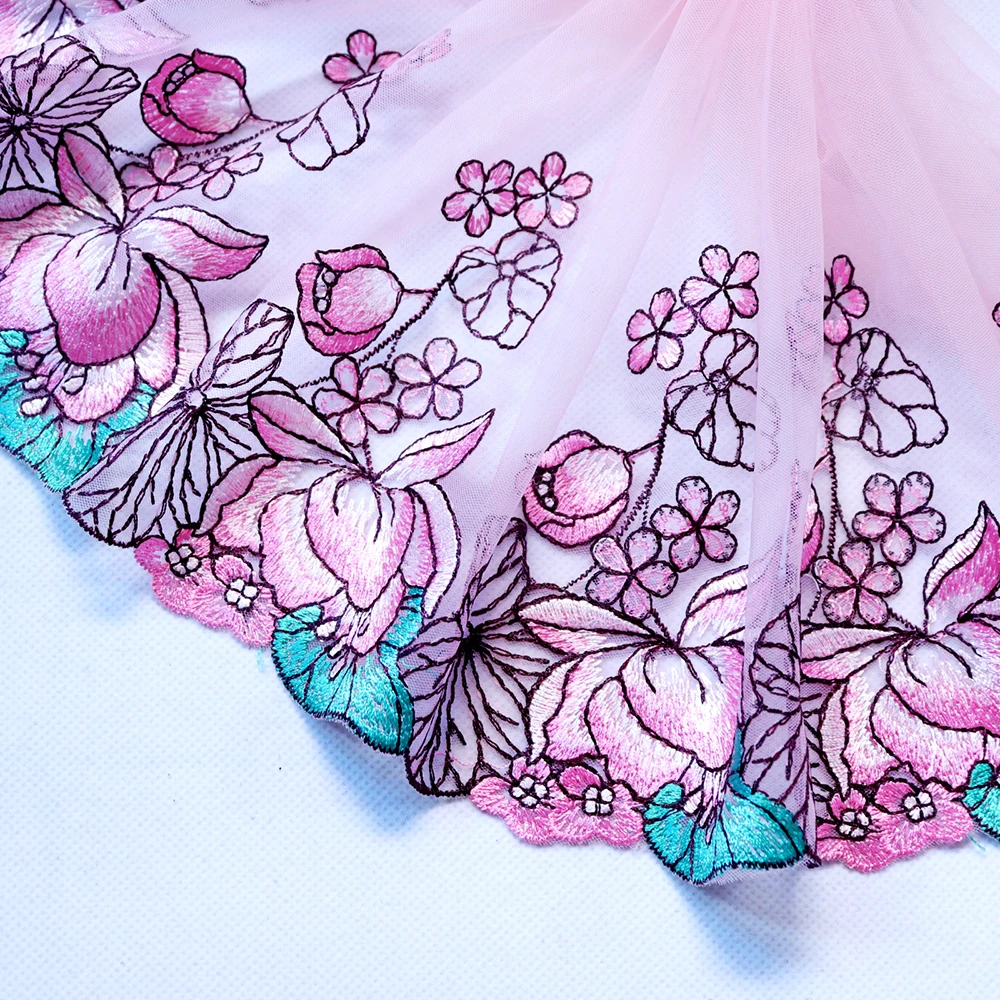 

1 Meter 22ccm Width Embroidered Flower Lace Fabrics Embroidery Lace Trims Pink Mesh Tulle Sewing Applique Dress Decorations