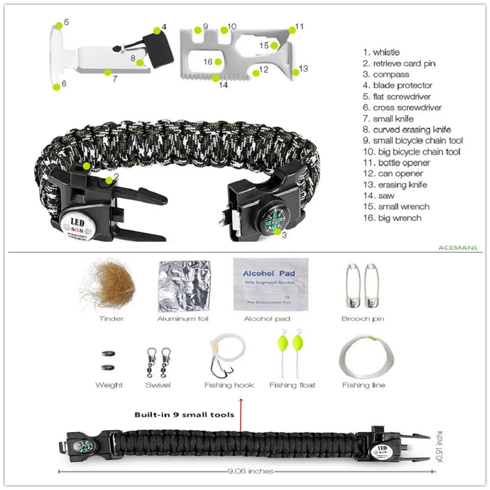 Открытый браслет выживания многофункциональный кемпинг-параккорд аварийная Первая помощь SOS светодиодный светильник Рыболовный набор компас свисток нож