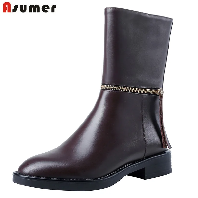 

ASUMER 2019 New genuine leather boots women square heels mid calf boots retro winter boots ladies half booties female