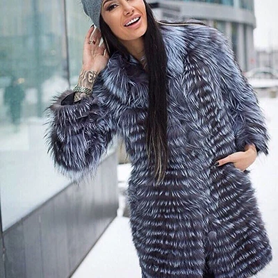 Меховое пальто 90 см, длинное натуральное лисьего меха, Женское зимнее пальто из натурального Лисьего меха размера плюс, модная женская меховая куртка, русский популярный мех - Цвет: silver 50cm sleeve