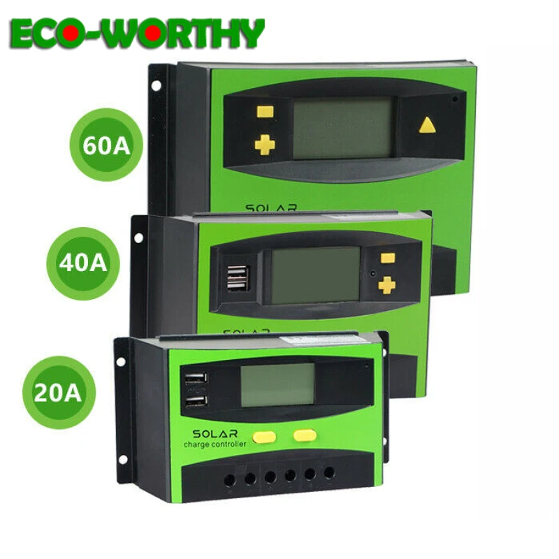 

ECOworthy 20A/40A/60A Solar charger controller Solar Panel Battery LCD display Regulator temperature compensation 12V/24V contro
