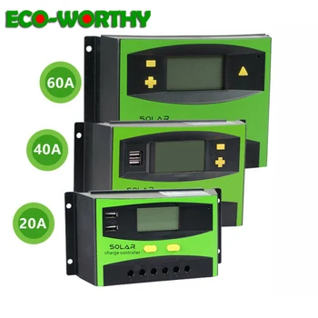 

ECOworthy 20A/40A/60A Solar charger controller Solar Panel Battery LCD display Regulator temperature compensation 12V/24V contro