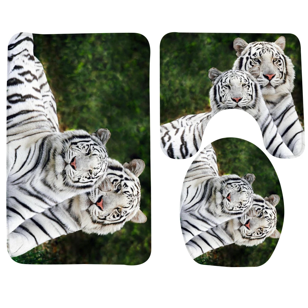 

3Pcs Anti Slip Bath Mat Set Animal Black and White Tiger Pattern Toilet Mat Foam Shower Mat Bathroom Products