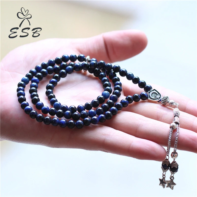 

ESB Islamic Rosary Prayer Beads Agates Tesbih 33 Muslim Tasbih Boncuk Natural Tiger Eye Stone Charm Silver Bracelets Jewelry
