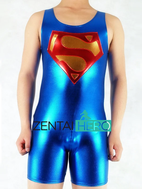 

Free Shipping DHL Sexy Men's Superman Wrestling Singlet Blue Shiny Metallic Catsuit Super Man Logo Leotard SPH133-1