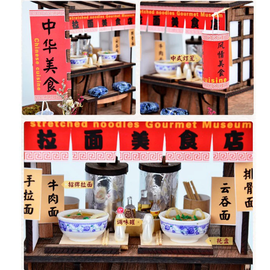 DIY Handcraft Miniature Project Wooden Dolls House Antique Handpulled Noodles Shop with LED Lights Furniture Home Decor