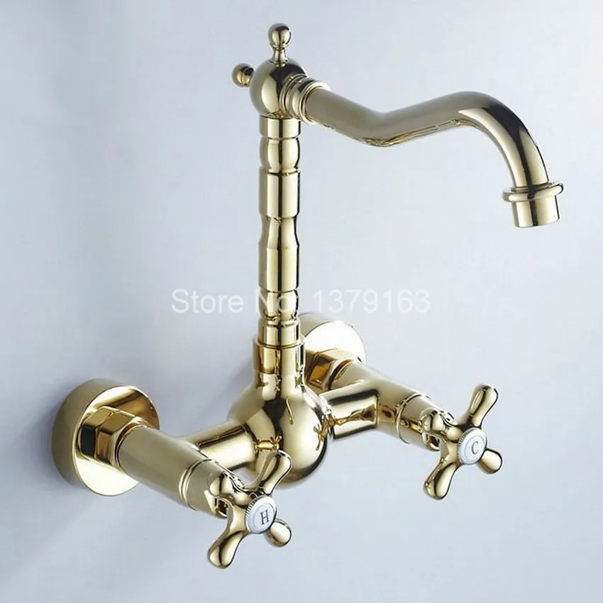 Gold Polished Brass Double Cross Handles Swivel Spout Kitchen Bathroom Tub Sink Faucet Mixer Water Taps agf054
