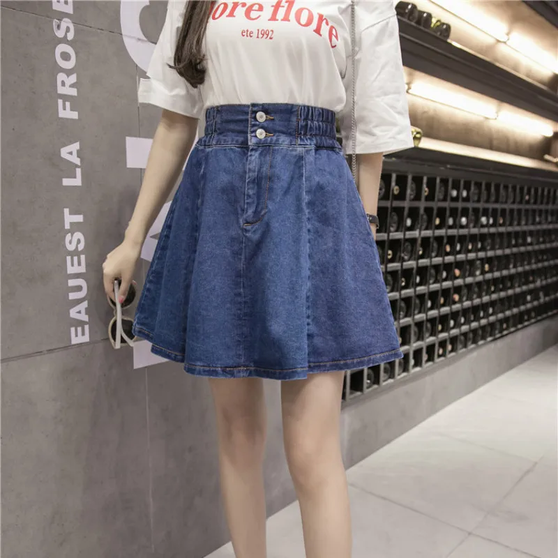 

New summer Solid Color Denim Women Skirt Retro Cotton Elastic High Waist Denim Skirt Cute Sweet Pleated skirt Female