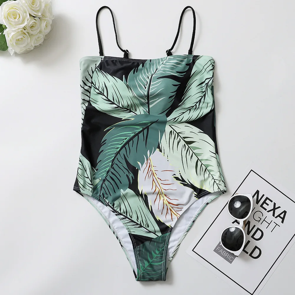 Kaufen 2019 Weg Schulter Einteiliges Bademode Frauen Push Up Badeanzug Weibliche Overall Liebsten Badeanzug Blatt Druck Sexy Bikini Strand