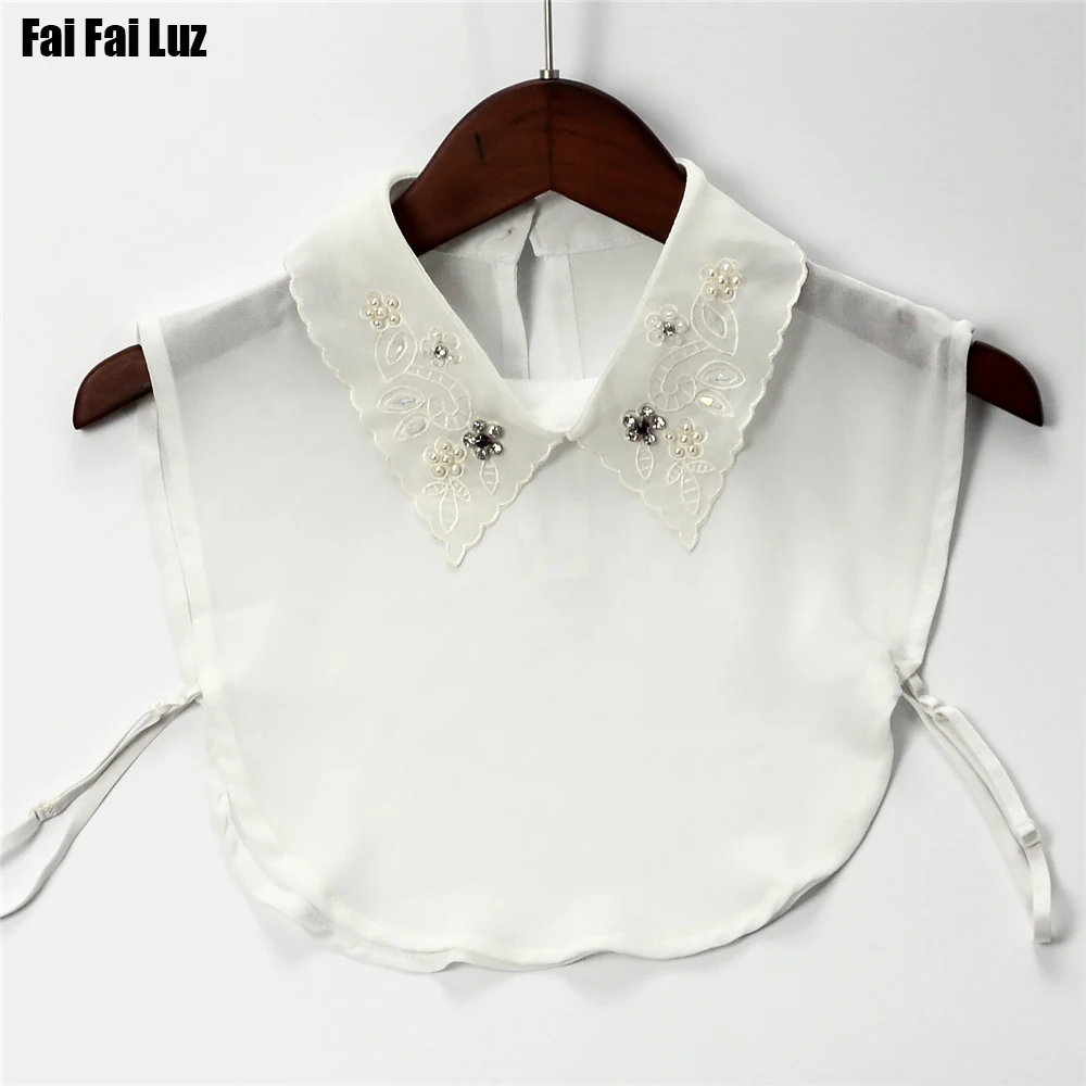 

white chiffon fabric embroidery and beading pearls Fake Detachable pointed Collar apparel accessories half Shirt