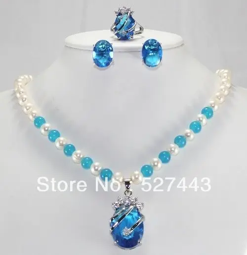 

Wholesale Charming! 7-8mm White Akoya Cultured Pearl & Blue jade Necklace Earring Ring (A0423)