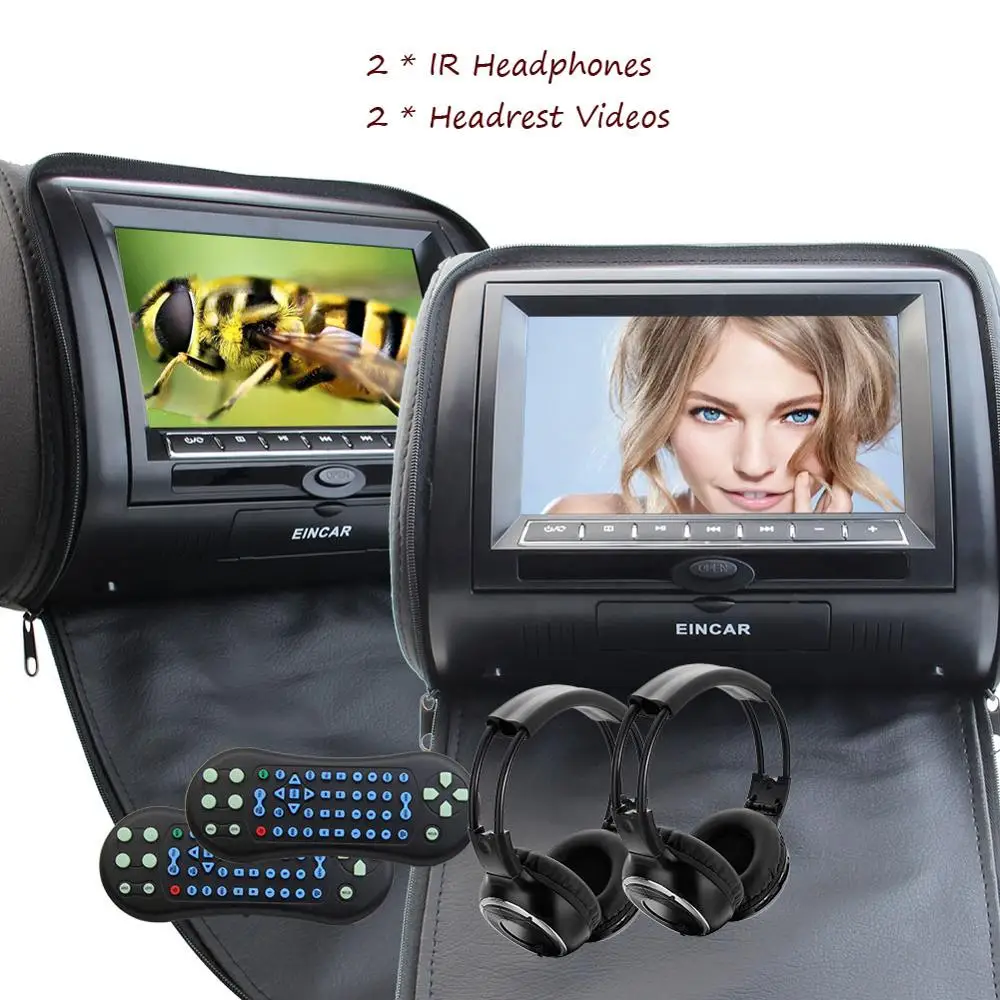 Автомобиль CD DVD плейер 2 xheadrest Подушка Мониторы MP3/MP4/CD SD/USB 32 бит игры плеер FM ИК автомобиля подголовник + 2 ИК наушников