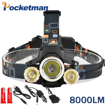 8000LM Cree T6 Led Headlamp Headlight T6+2XPE Lampe Frontale Head Light Flashlight LED Lamp Rechargeable Led Head Lamp T6 LED