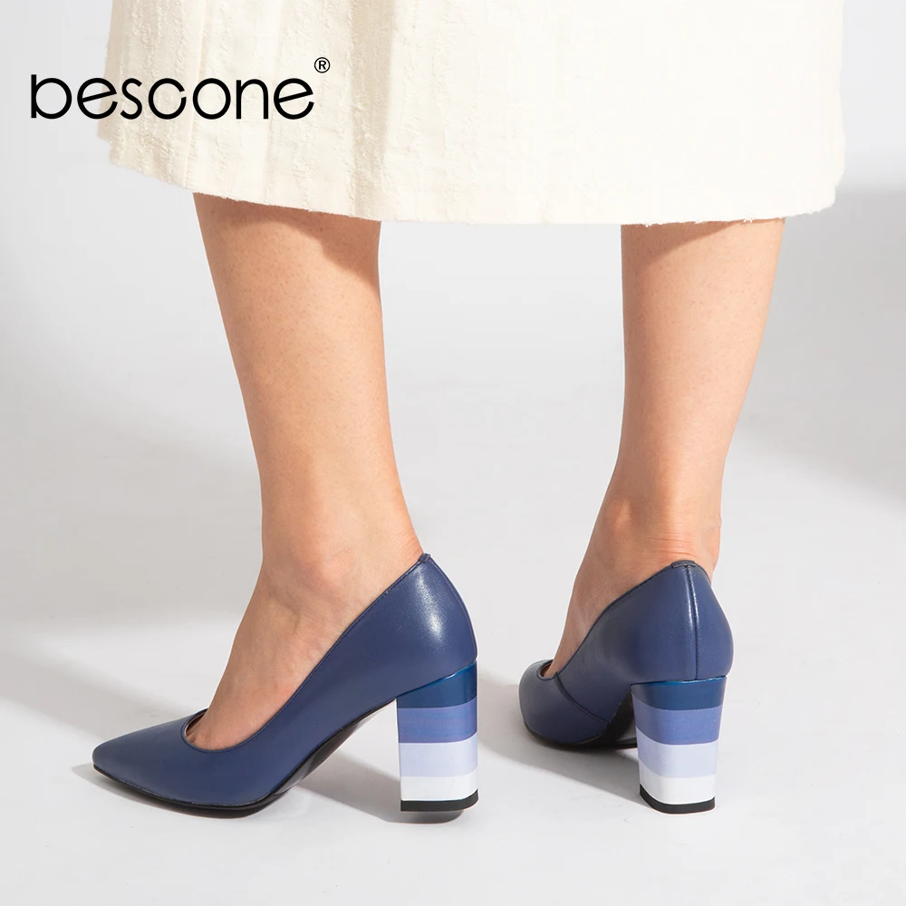 BESCONE Classic Women Office Shoes Colorful Square Heels Pointed Toe Elegant Pumps Spring Genuine Leather Slip On Lady Shoes A85