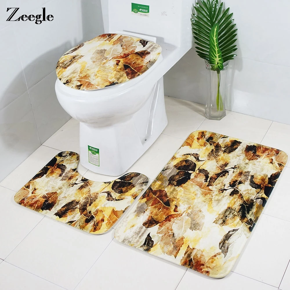

Zeegle Bath Mat Set Leaf Pattern Carpet Bathroom Toilet Rug Anti-slip Shower Mat Bath RugS Set Absor Bathroom Mat Foot Pads
