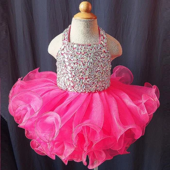 

2016 Halter Hot Pink Cute Ball vestido de la muchacha Children Kids Clothes Gown Crystals Detailed Toddler Pageant Dresses