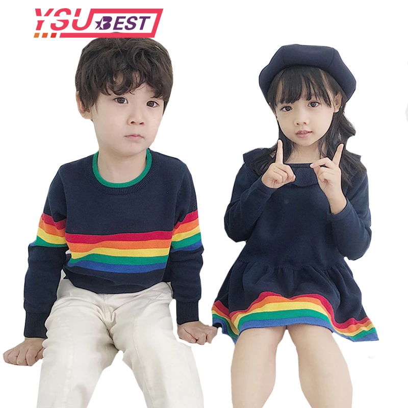 

2-6Yrs Baby Girls Dress Rainbow Knitted Sweater Dress Baby Boys Rainbow Sweaters Boys Girls Pullover Cartoon Children Clothing