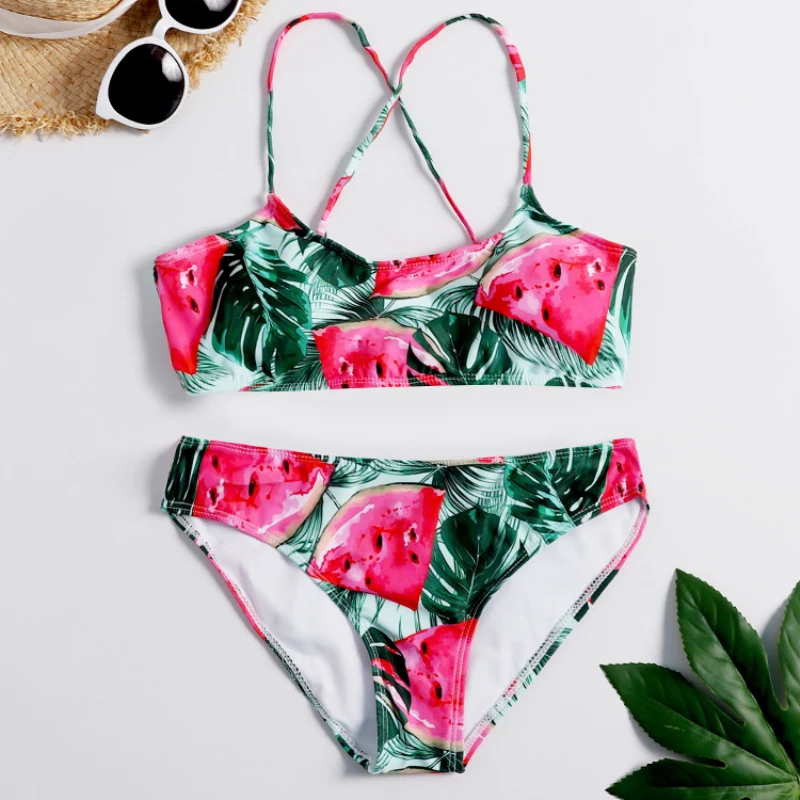 

New Sexy Bandage Biquini Women Watermelon Print Biquini Set Push Up Padded Mid Waist Two Piece Bathing Suits Summer Swimming