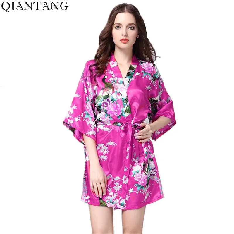 Ярко-Розовое женское кимоно мини-халат для свадьбы, невесты, подружки невесты халат для сна банное платье Ночная рубашка размер S M L XL XXL XXXL