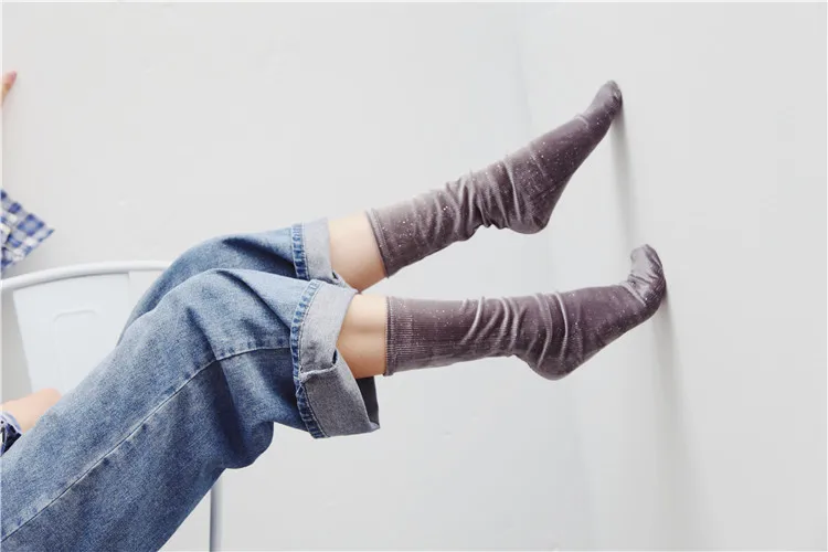 HUI GUAN Harajuku классические ретро вертикальные полосы Blingbling длинные носки женские мягкие винтажные бархатные однотонные корейские стильные носки