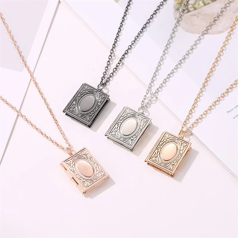 

Creative Magic Book Photo Frame Necklace Medallion Punk Style Pendant Gold Silwer Color Religious Pendant Medallion Women Gifts