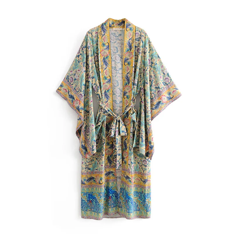 

Women Bohemian Kimono Cardigan Bow Tie Sashes Maxi Robes Female Kimonos Blouse Army Green Floral Print Boho Tops