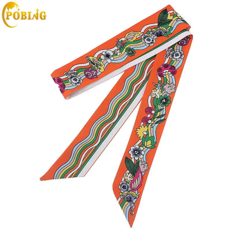 

POBING 2018 Wave Pattern Print Women Small Silk Scarf Luxury Brand Bag Ribbons Fashion Head Scarf Hot Sale Long Scarves 120*5CM
