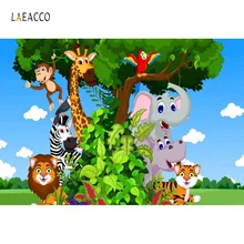 Laeacco джунгли сафари день рождения фоны Детские мультфильм животных Зеленая трава вечерние Портретные фотографии фоны для фотостудии