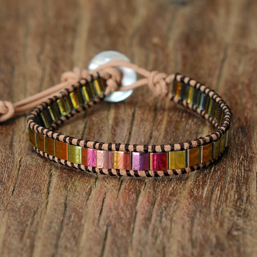 New Women Bracelets Natural Stones Crystal Seed Beads Single Leather