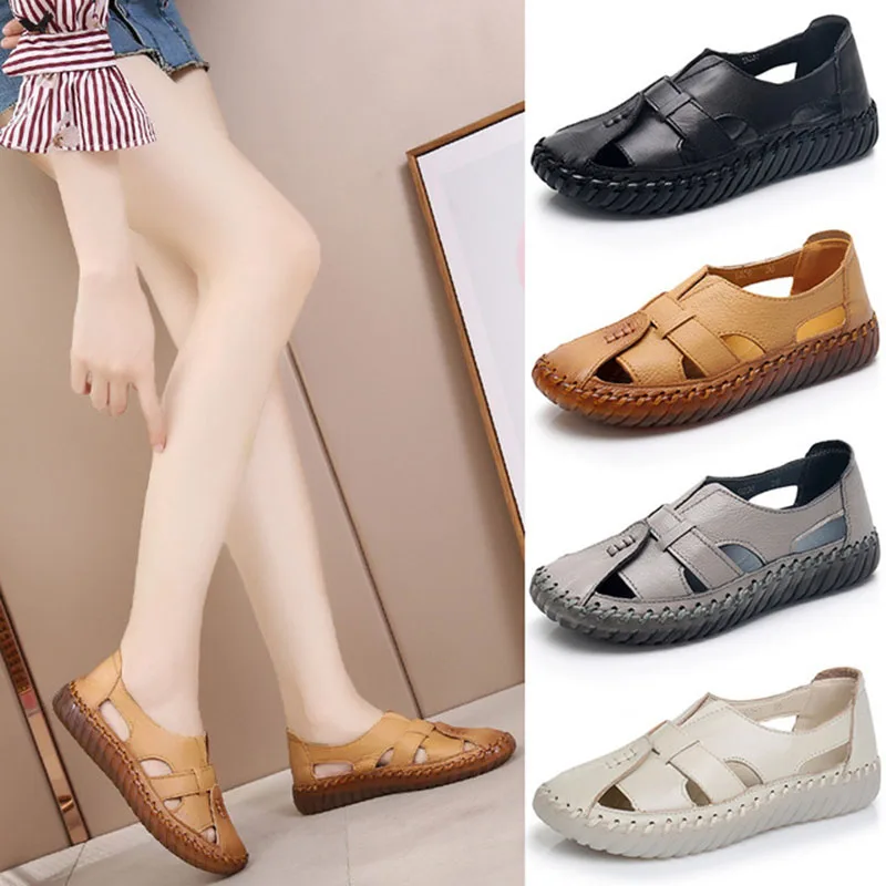 Women's Sandals 2019 Summer Genuine Leather Handmade Ladies Shoe Leather Sandals For Women Flats Retro Style Mother Shoes