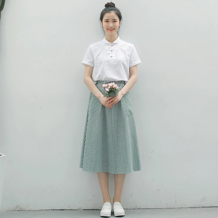 leather skirt Spring Summer Women Vertical stripes Skirts Casual Loose Cotton Linen Female With Pockets Vintage Elastic waist lacing Skirts tennis skirt outfits