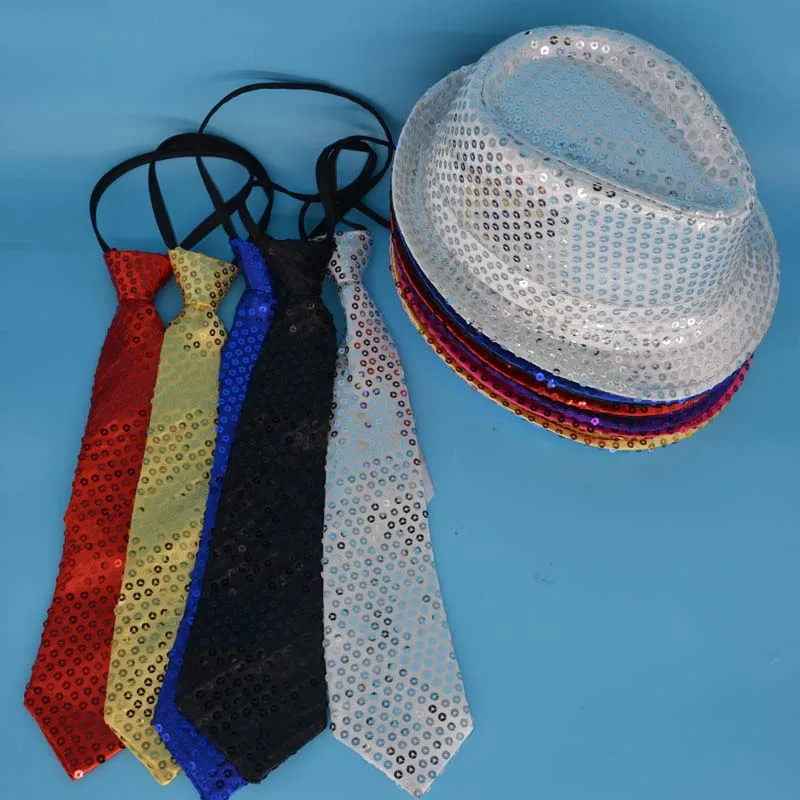 

Adult Women Men Light Up Hip Hop Jazz Hats Cap Sequins LED Flashing Blinking Necktie Neckwear Party Favors Halloween