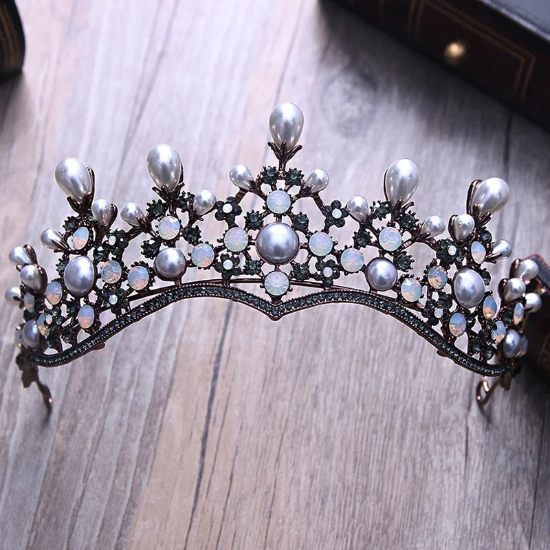 Kopen Barokke Vintage Crystal Parel Bruids Tiara Haarband Hoofddeksel Zwart Strass Prinses Kroon Wedding Haaraccessoires