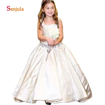 

Ivory Satin Long Flower Girls Dresses Square Collar A-Line Simple Formal Dress for Little Girls vestidos de primera comunion D79