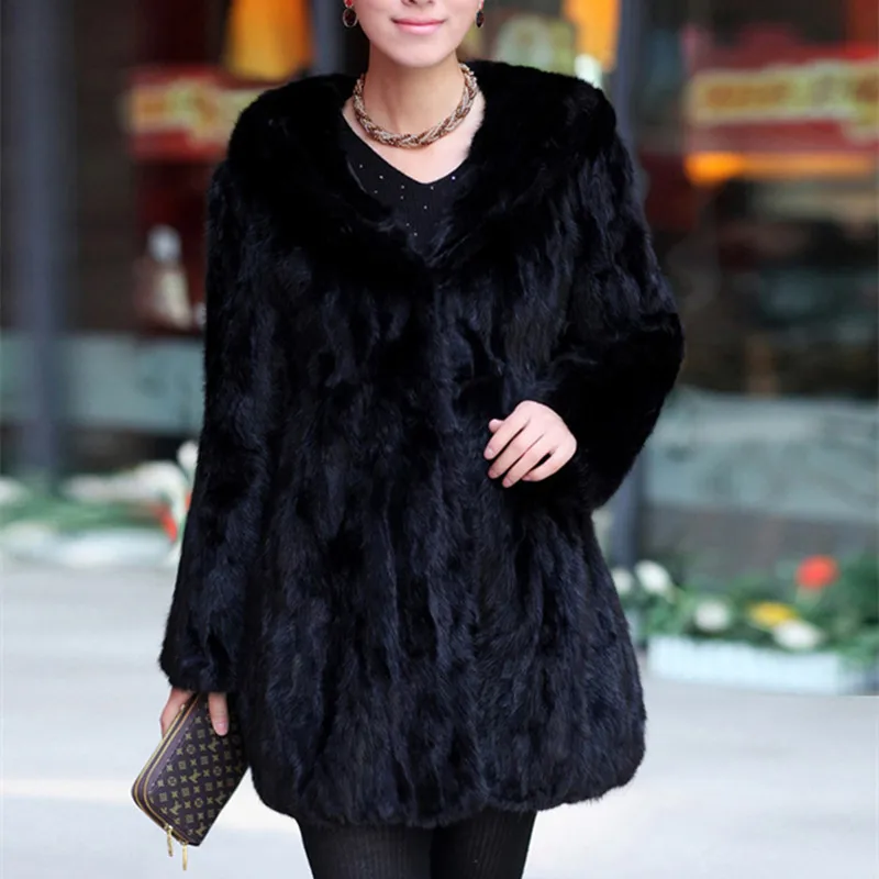 Luxury Genuine Real Sliced Mink Fur Coat Jacket with Hoody Winter Warm Coats Women Fur Outerwear